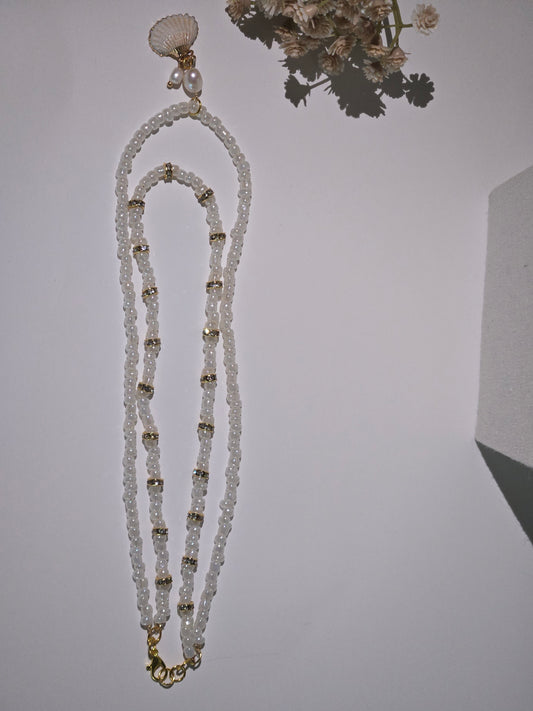 Double-Layer Shell Pendant Necklace with white beads, seashell pendant and gold-tone accents, view 2