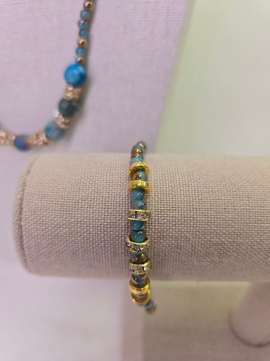 Luna Blue Beaded Jewelry necklace and bracelet with blue beads and rhinestone rondelles, view 2