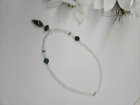 Pearl Forest Leaf Pendant Necklace with white bead accents and green details, view 2
