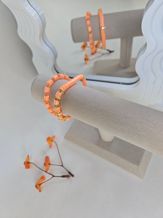Sun Bloom Orange Beaded Jewelry, two orange disc bead bracelets with gold-tone rondelles, view 2