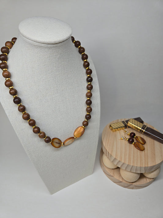 Sunwood Beaded Necklace & Earrings Set with deep brown round beads and gold-tone details, view 2