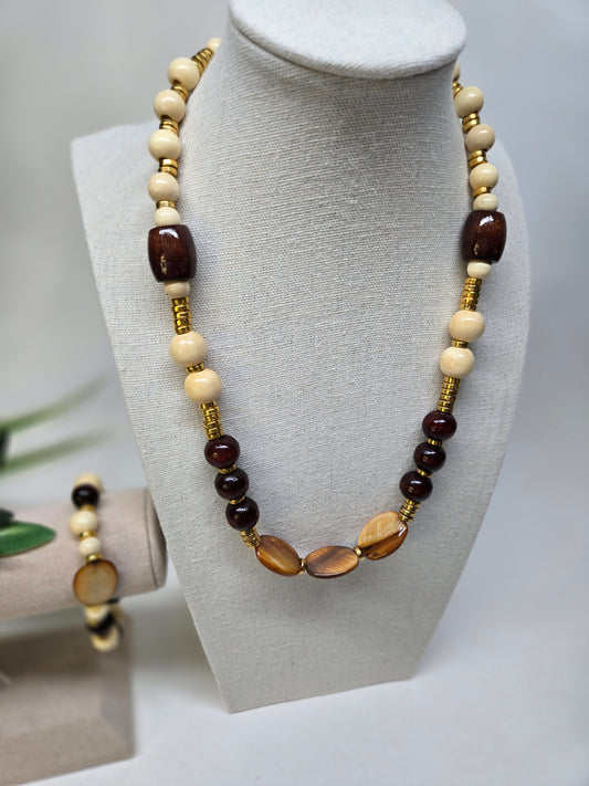Earth’s Warmth Beaded Jewelry necklace and bracelet in cream and brown beads, view 2