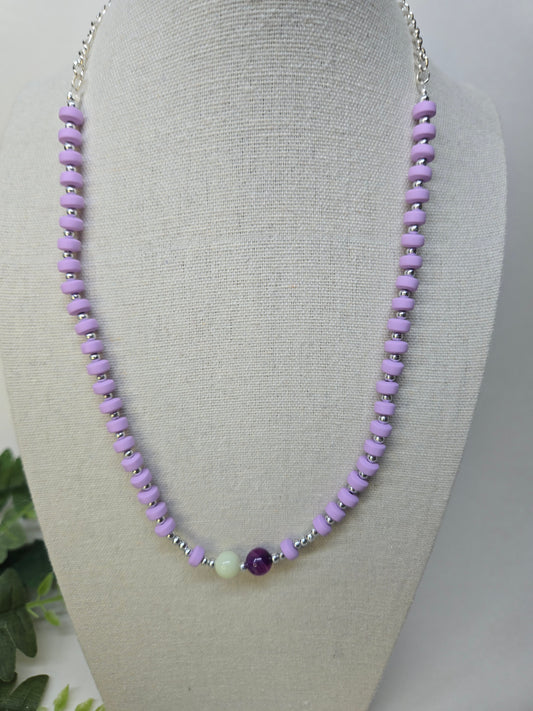 Violet Harmony Lavender Bead Necklace with purple beads, silver spacers and a white center bead, view 2