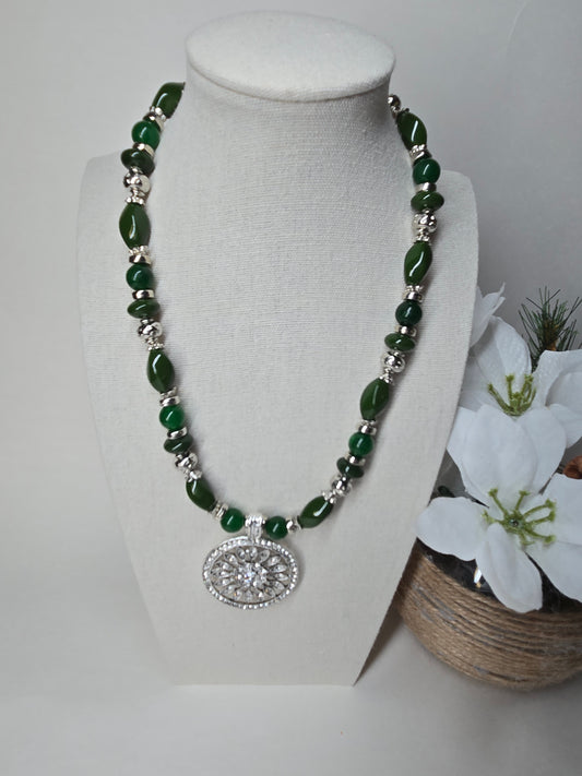 Verdant Queen Necklace with green beads, silver spacers and a round crystal pendant, view 2