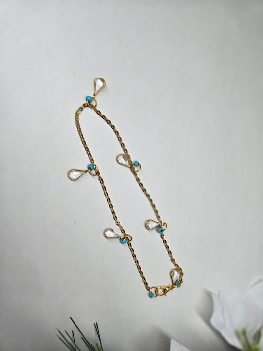Step of Grace Anklet with gold-plated chain, clear teardrop charms and turquoise beads, view 2
