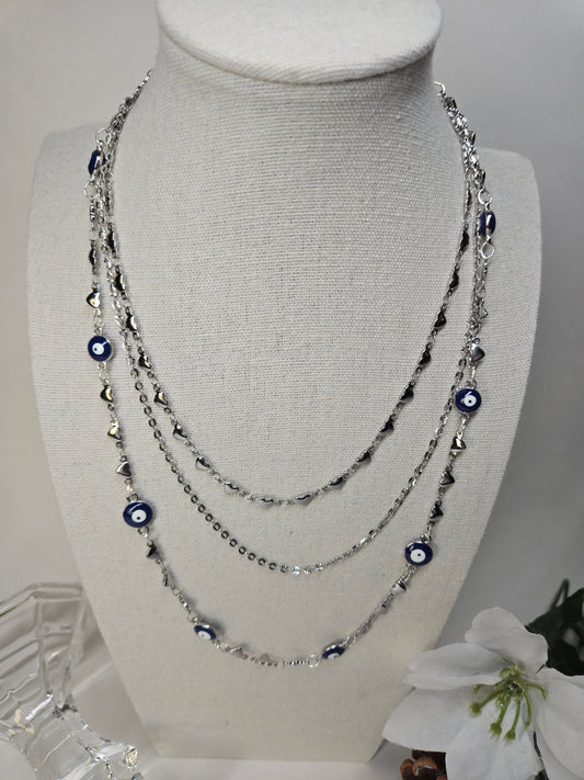 Evil Eye Embrace Layered Necklace with silver-tone chains and blue evil-eye motifs, view 2