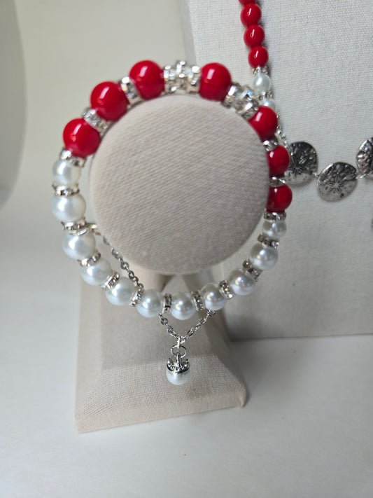 Cherry Touch Set, a necklace and bracelet of red beads, white pearls and silver accents, view 2