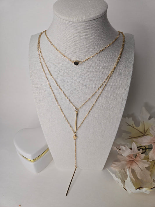 Soft Radiance Necklace with three gold-tone layers, a centerpiece and drop chains, view 2