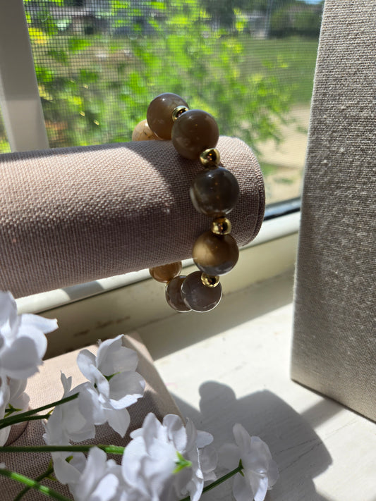 Golden Earth Bracelet with smooth, round natural stone beads in creamy tones, view 2