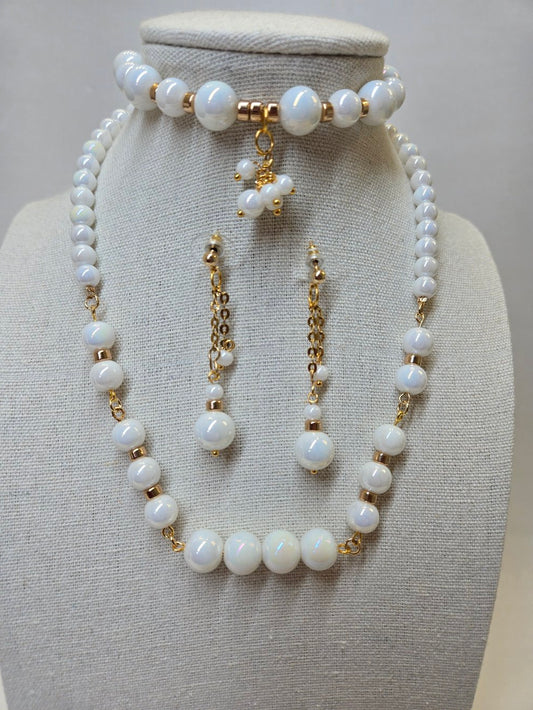 Golden Pearl Elegance Set with white pearl necklace, earrings and bracelet and gold-tone accents, view 2
