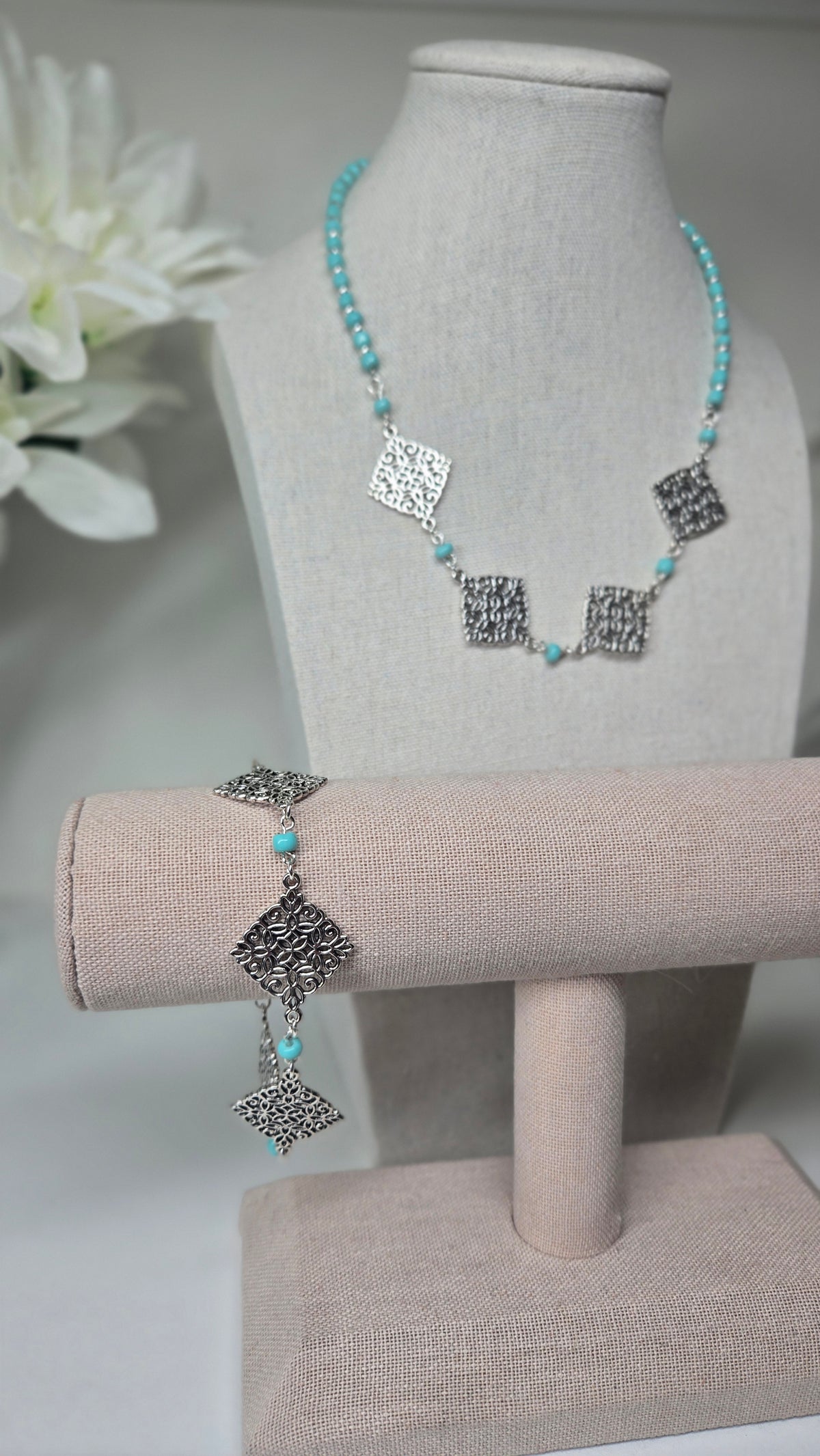 Mystic Squares Beaded Necklace & Bracelet Set with turquoise-colored beads and square motifs