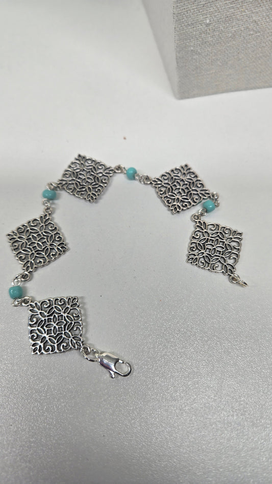 Mystic Squares Beaded Necklace & Bracelet Set with turquoise-colored beads and square motifs, view 2