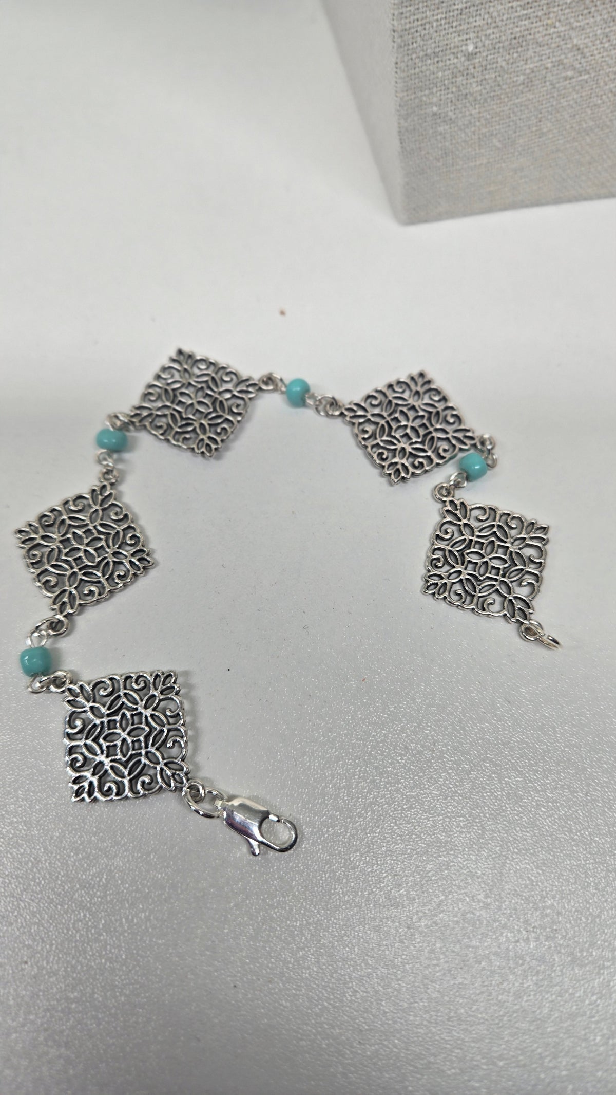 Mystic Squares Beaded Necklace & Bracelet Set with turquoise-colored beads and square motifs, view 2