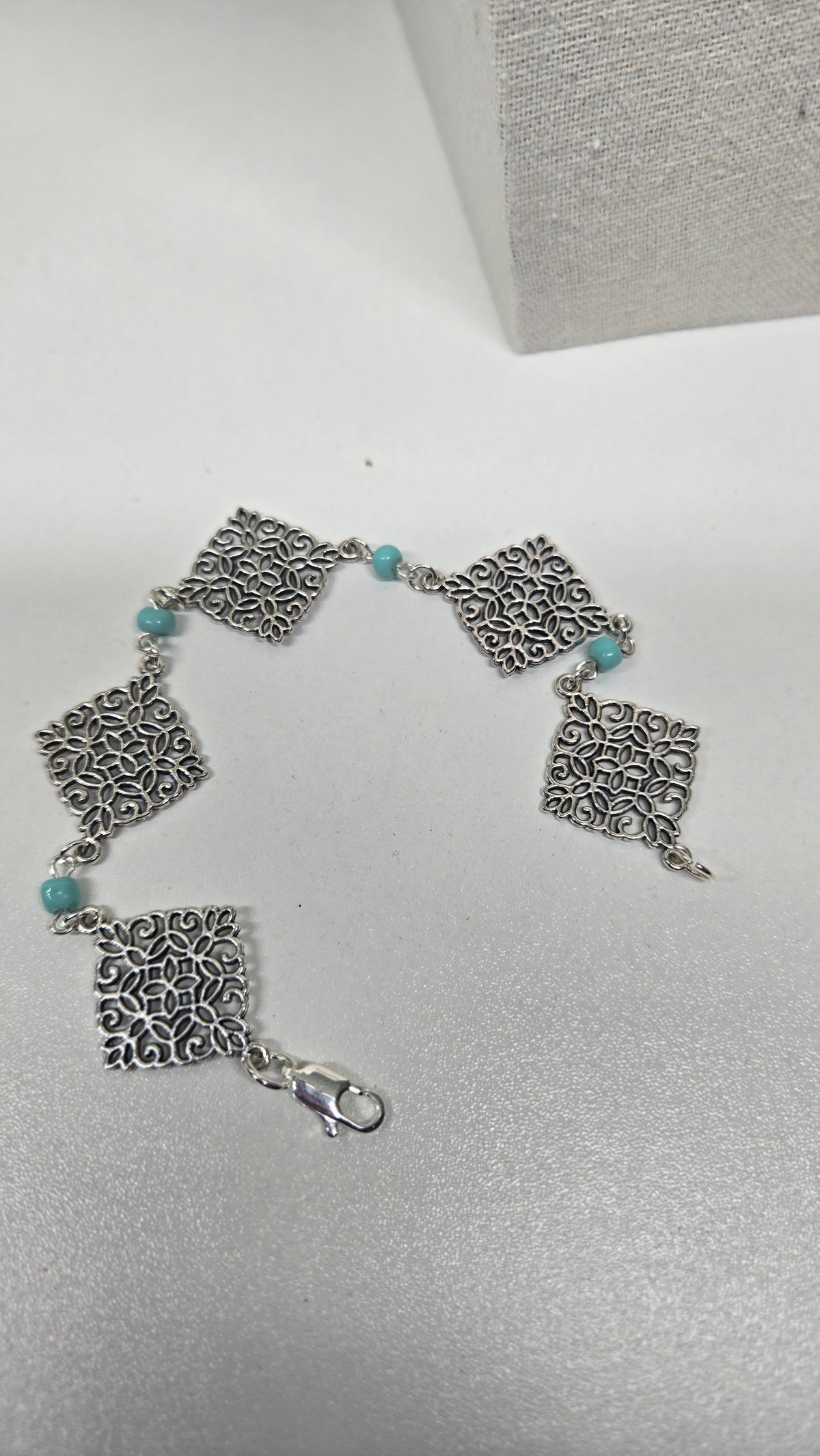 Mystic Squares Beaded Necklace & Bracelet Set with turquoise-colored beads and square motifs, view 3