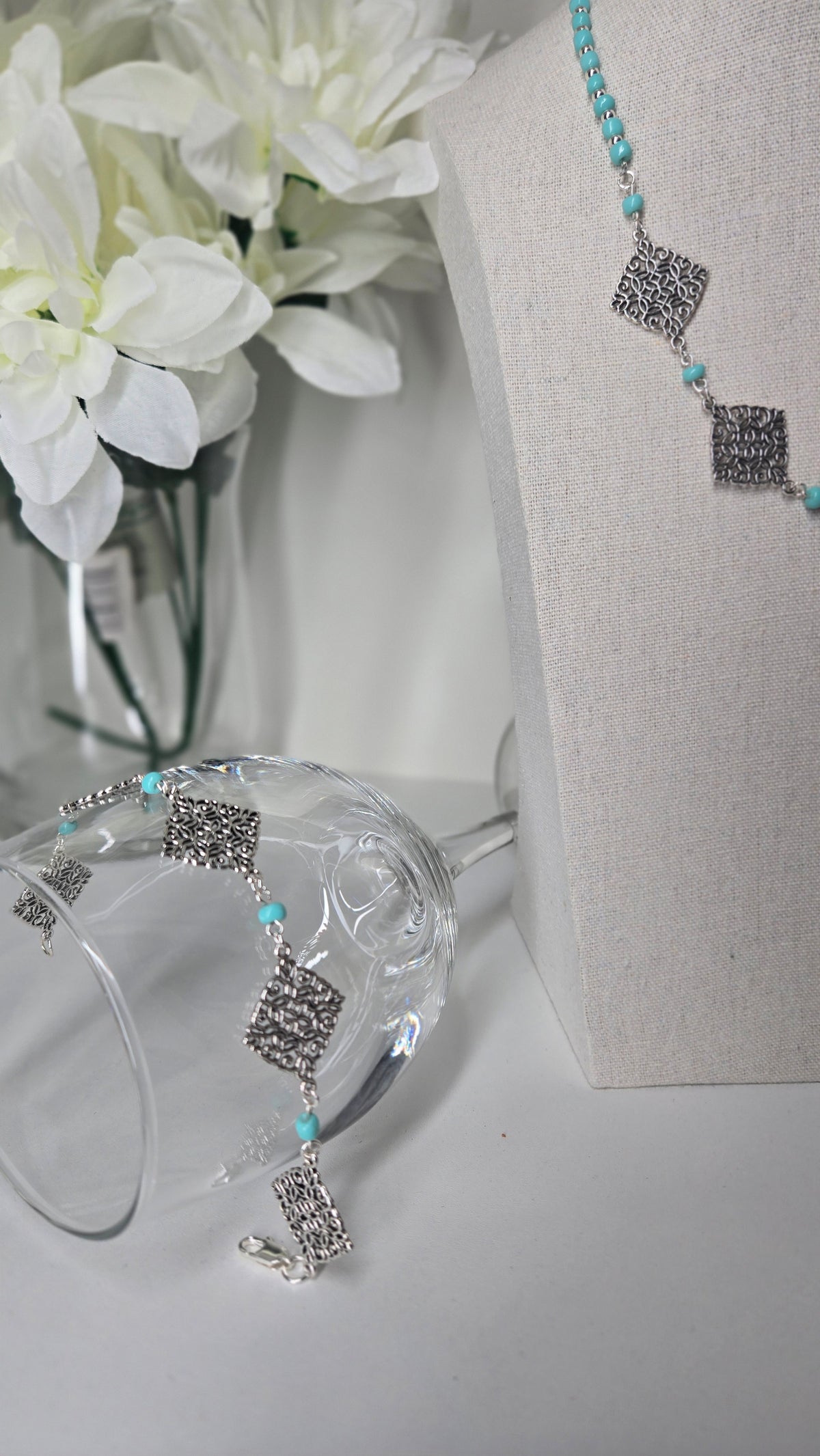 Mystic Squares Beaded Necklace & Bracelet Set with turquoise-colored beads and square motifs, view 4