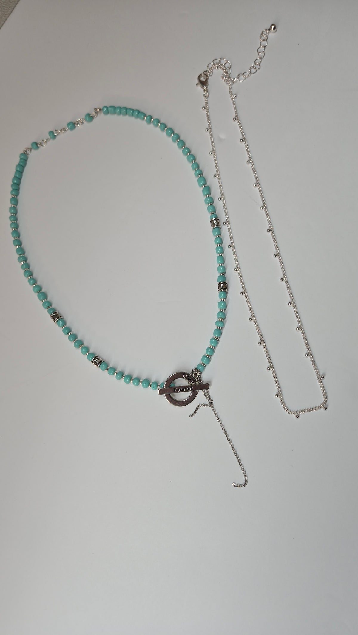 Silver Breeze Duo Set two-layer necklace with turquoise beads and silver chain, view 3