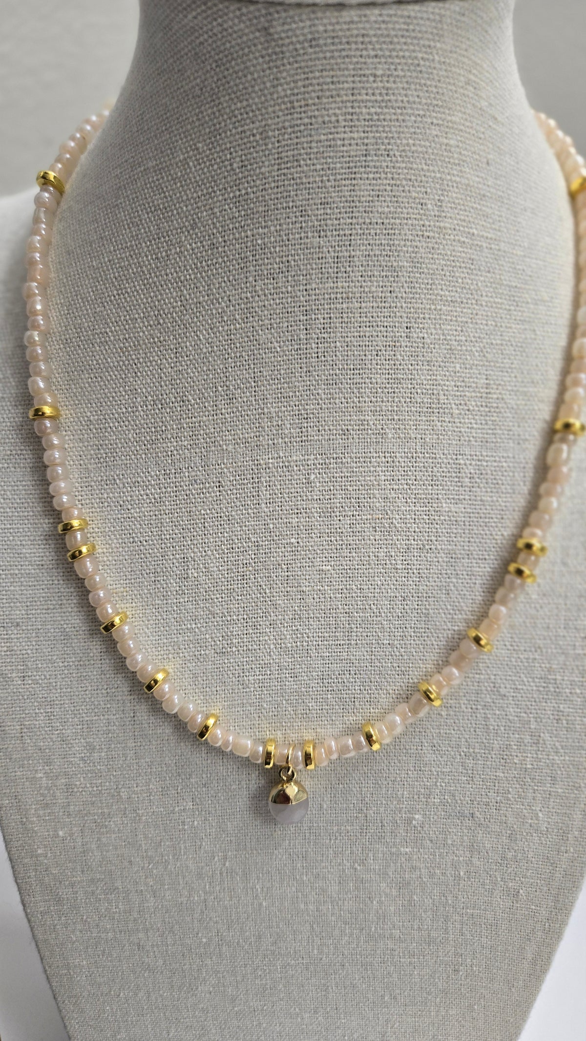 Pink Elegance Necklace with rose quartz stones and gold-tone rings, view 3