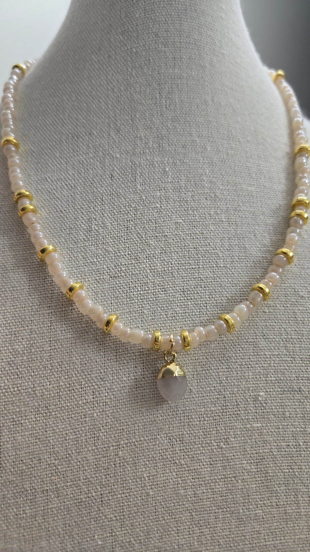 Pink Elegance Necklace with rose quartz stones and gold-tone rings, view 4
