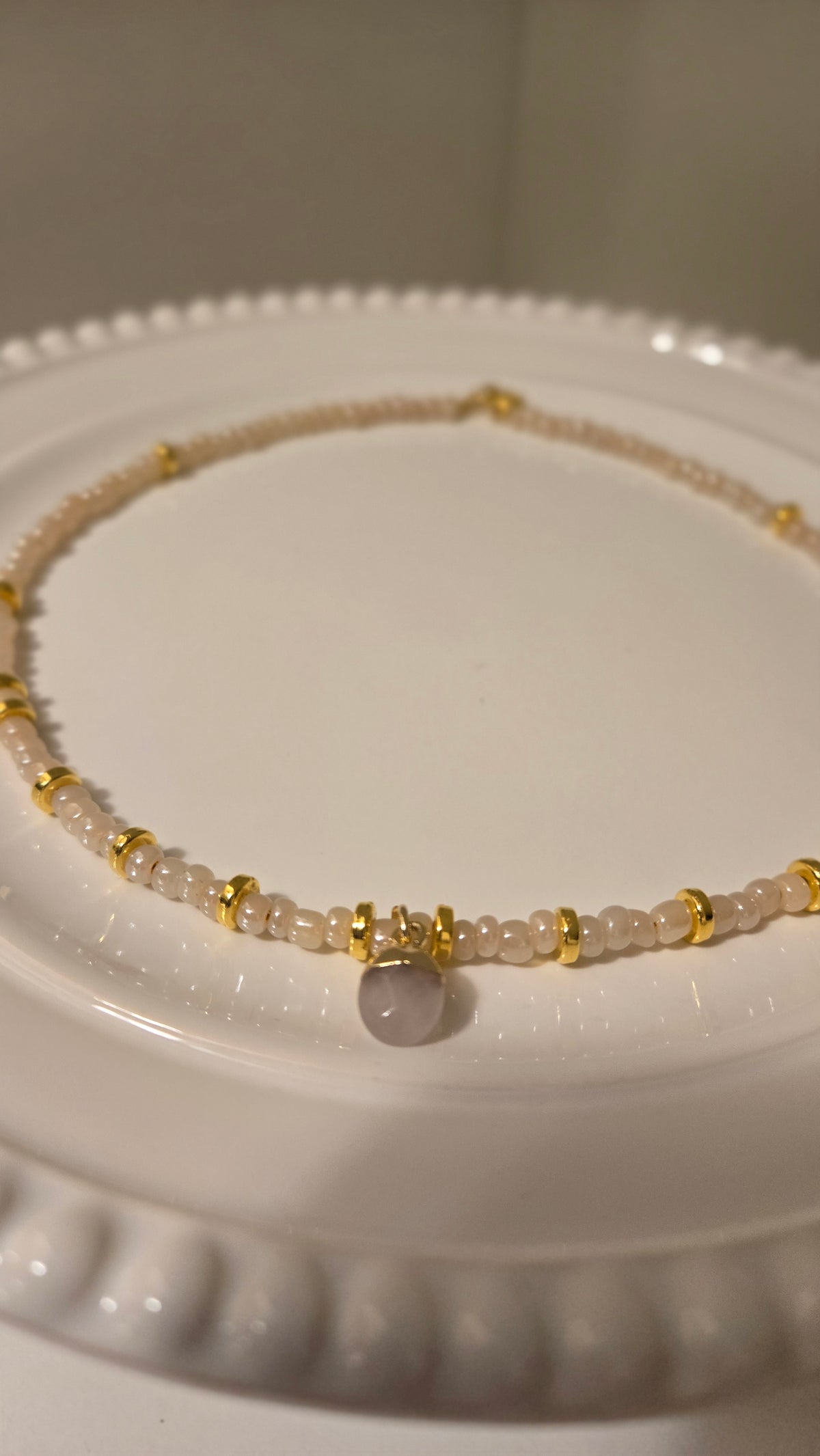 Pink Elegance Necklace with rose quartz stones and gold-tone rings, view 7