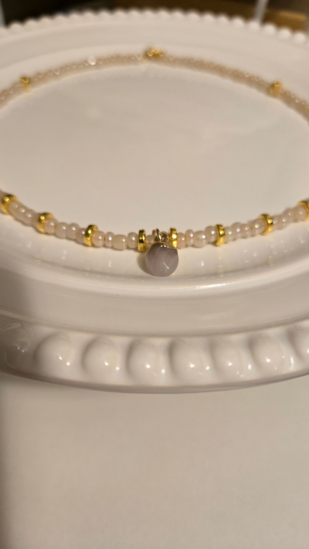 Pink Elegance Necklace with rose quartz stones and gold-tone rings, view 8