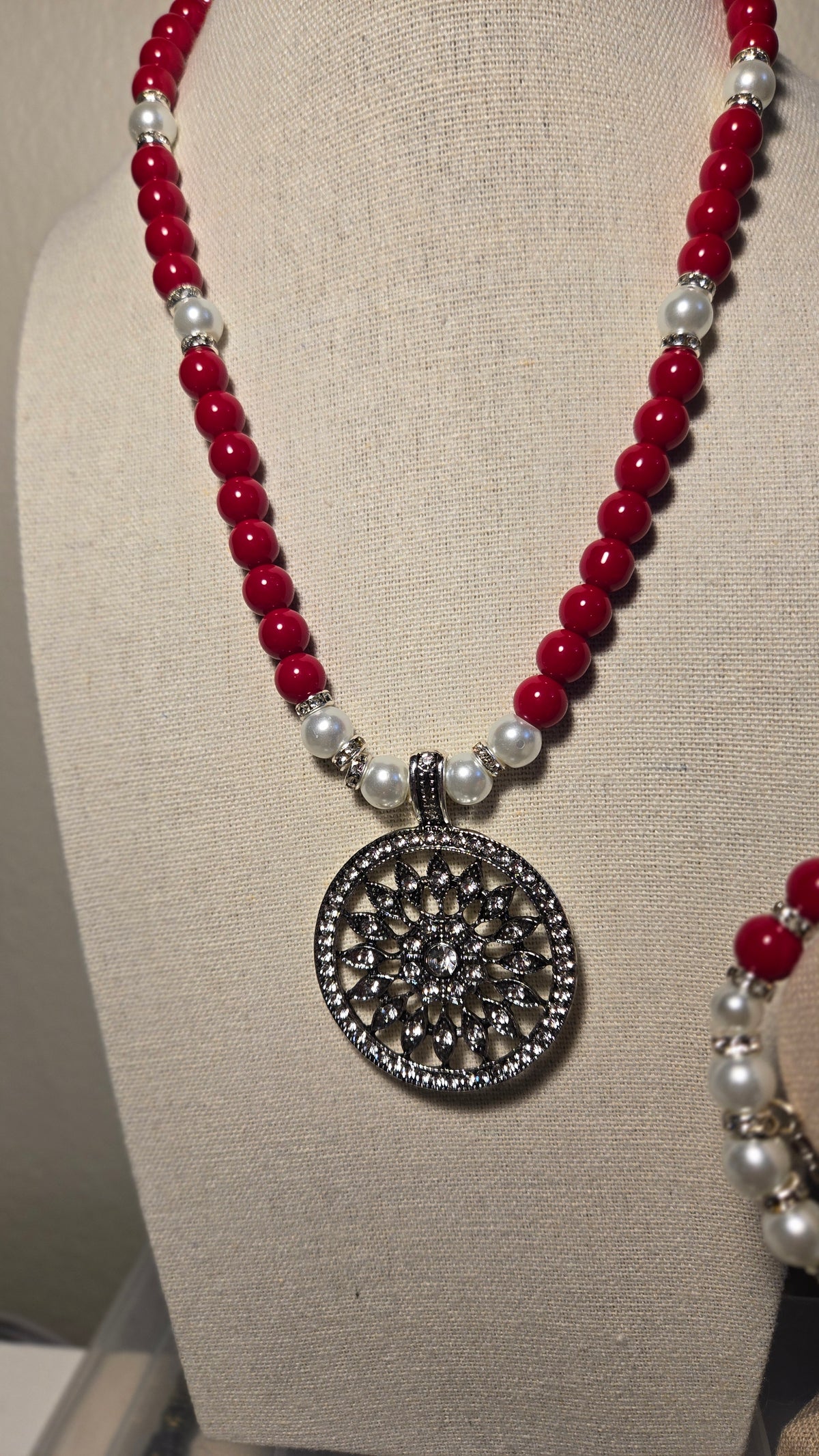 Cherry Touch Set, a necklace and bracelet of red beads, white pearls and silver accents, view 5