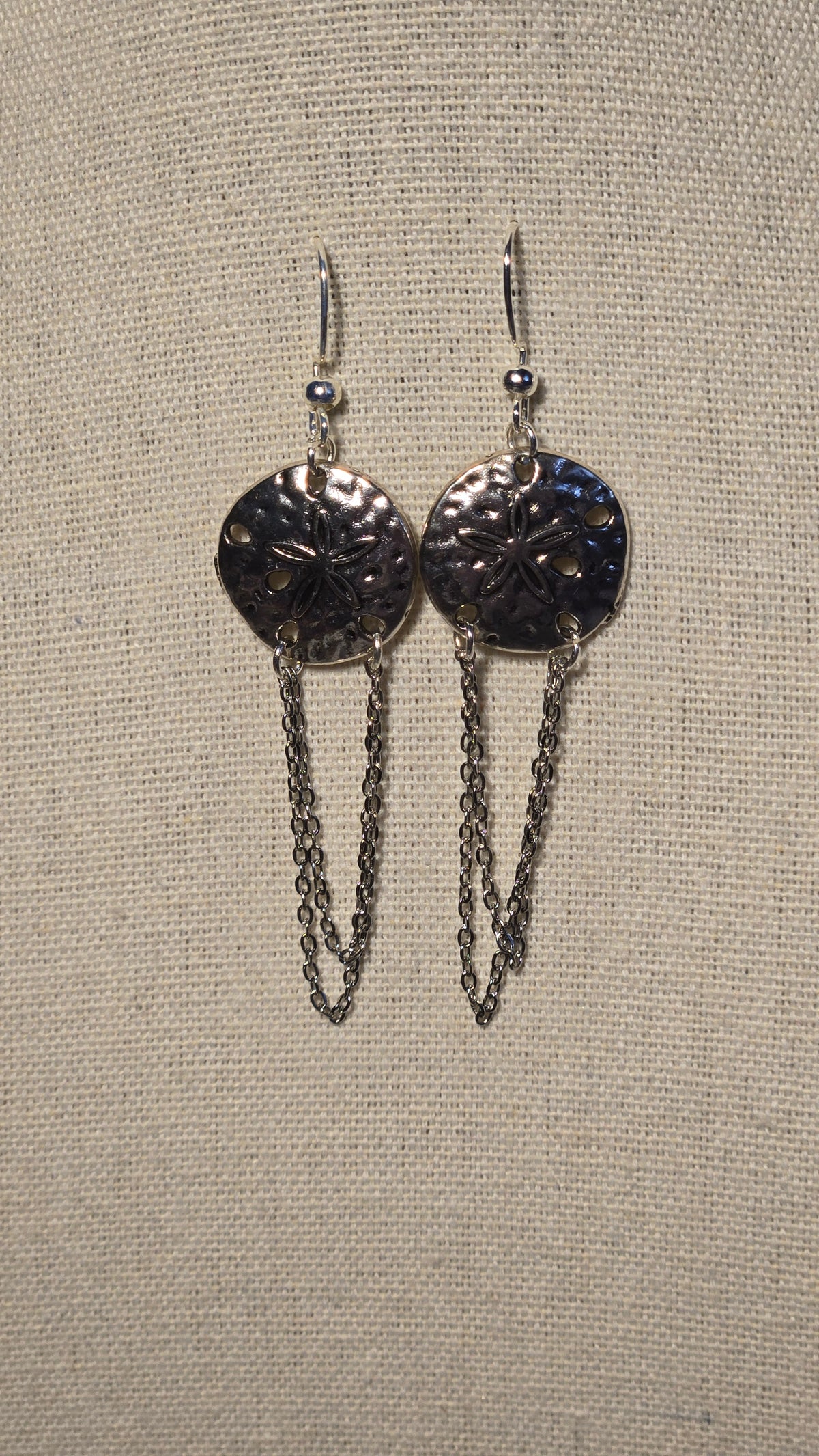 Moonlight Touch Silver-Tone Drop Earrings with textured circular motifs and looping chains, view 3