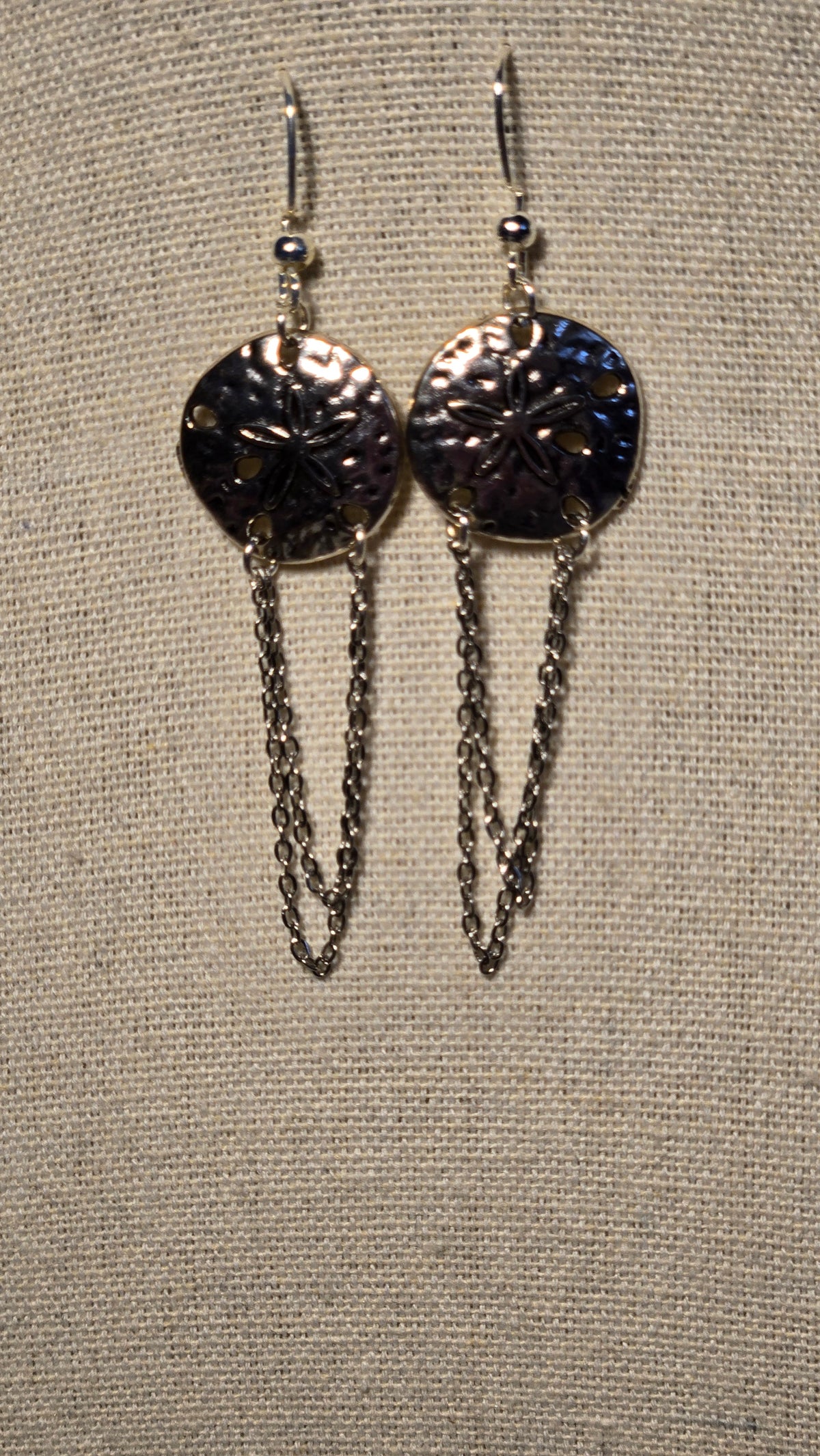 Moonlight Touch Silver-Tone Drop Earrings with textured circular motifs and looping chains, view 5