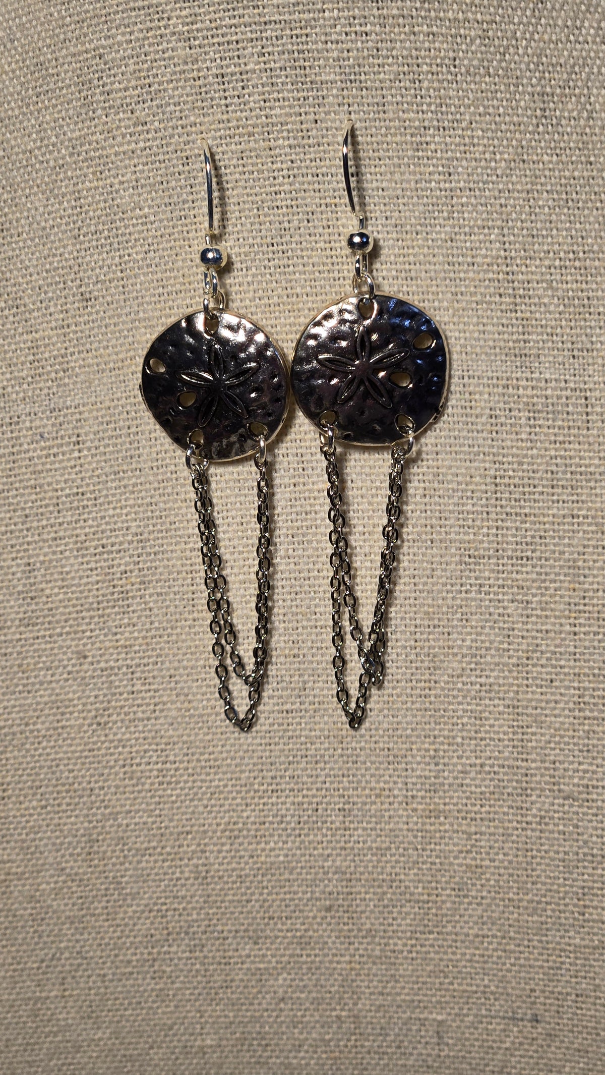 Moonlight Touch Silver-Tone Drop Earrings with textured circular motifs and looping chains, view 6