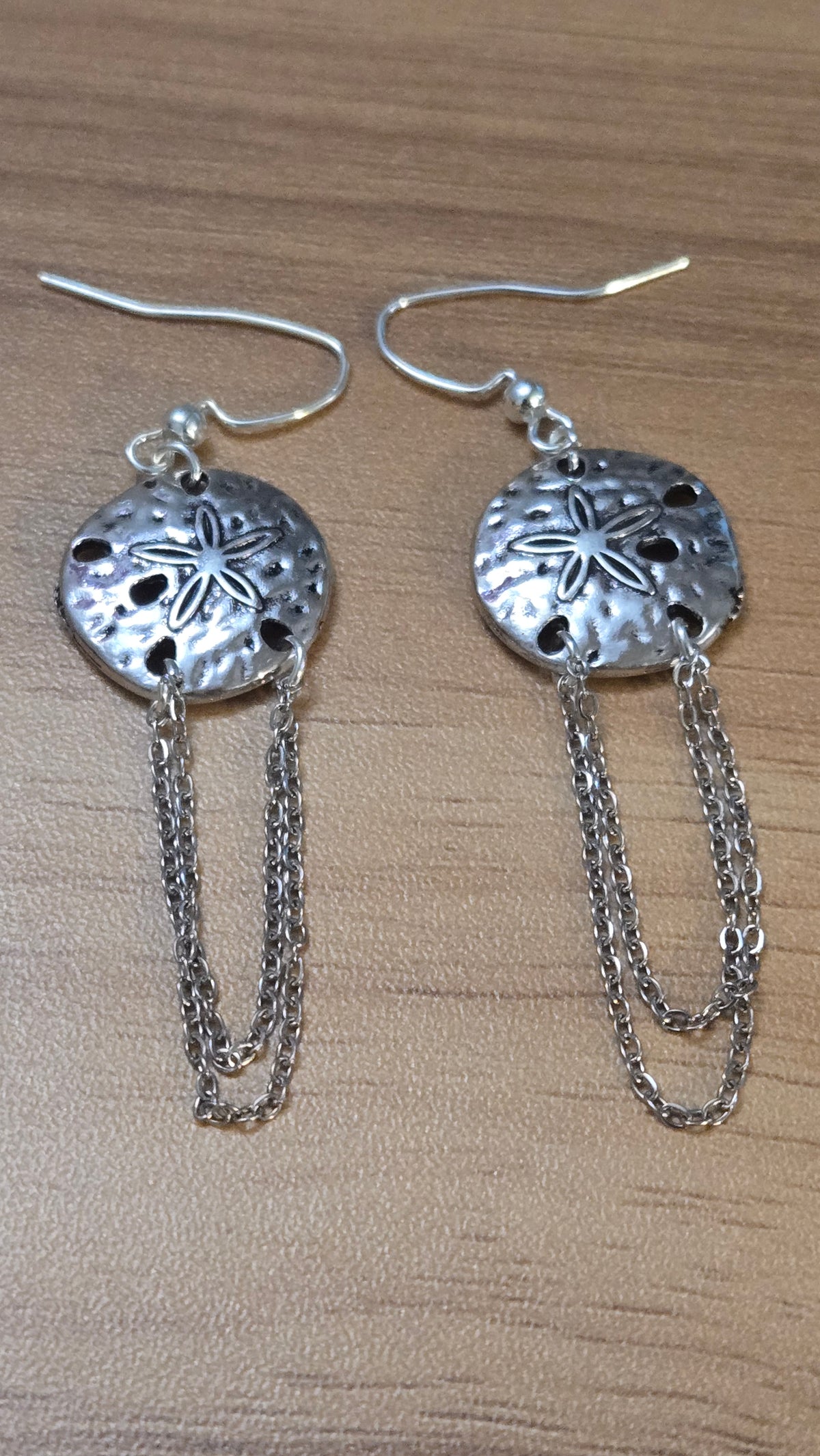 Moonlight Touch Silver-Tone Drop Earrings with textured circular motifs and looping chains, view 2