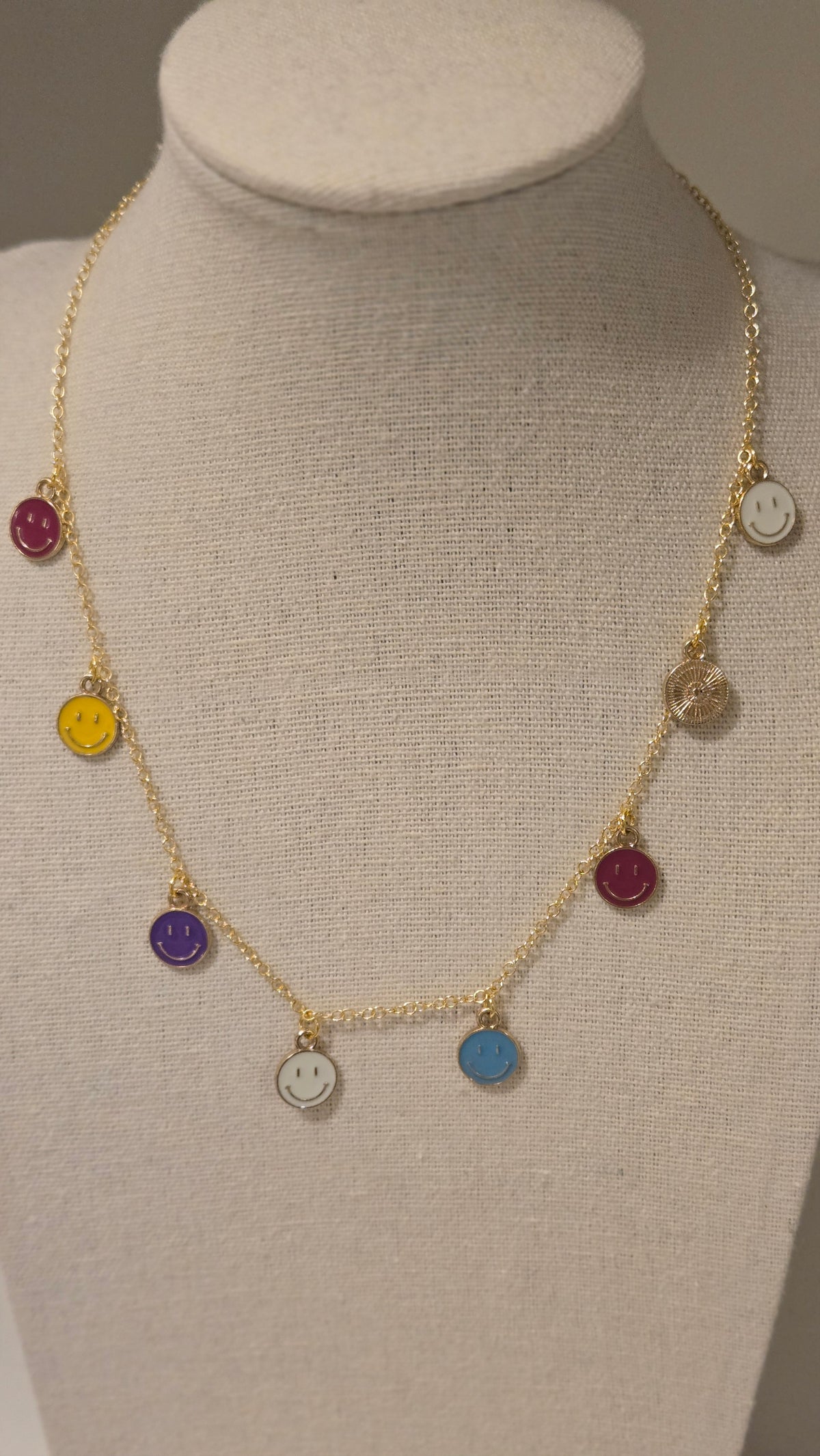 Happy Aura Necklace, gold-tone chain with multicolor enamel smiley-face charms, view 4