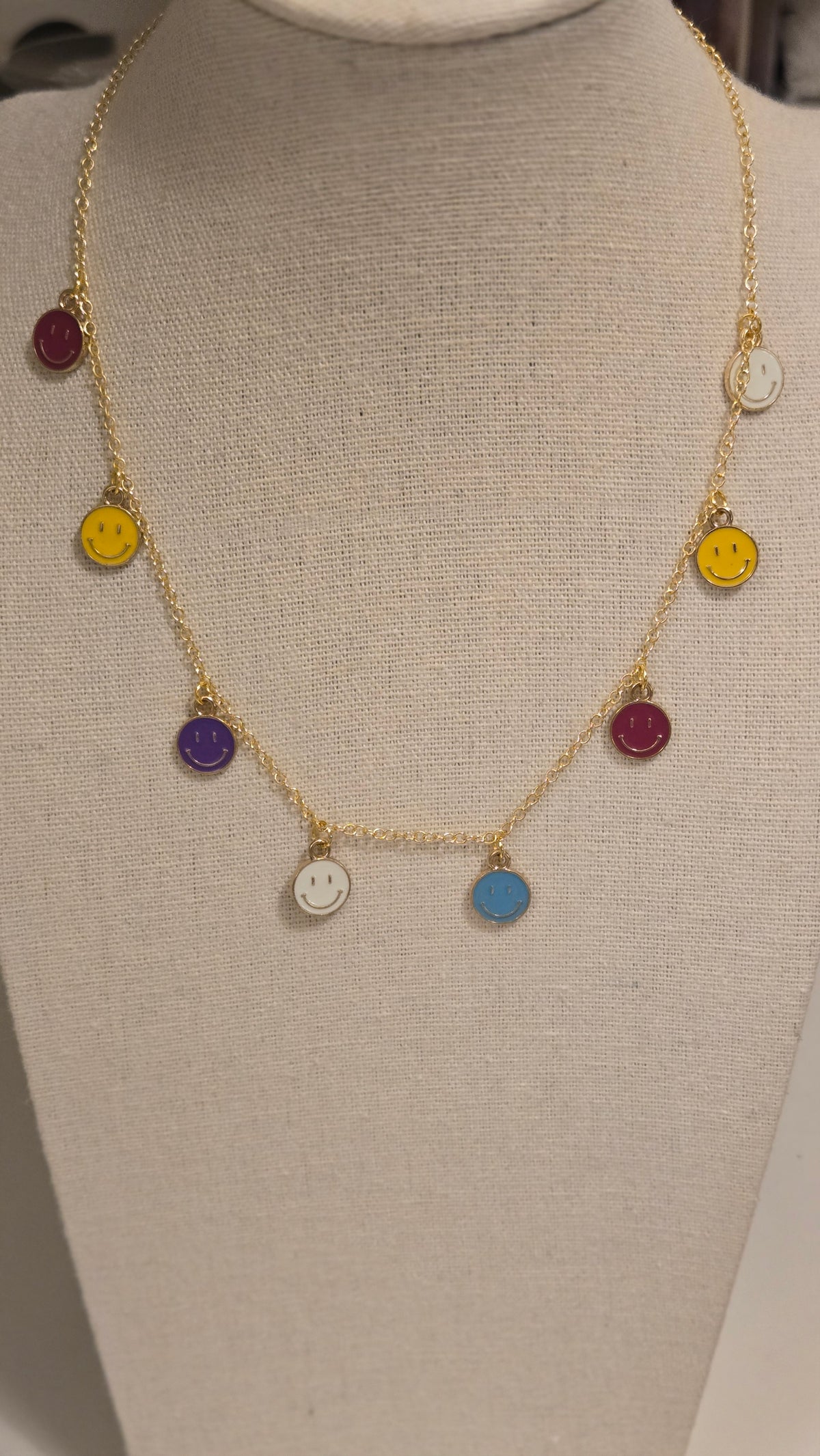 Happy Aura Necklace, gold-tone chain with multicolor enamel smiley-face charms, view 3