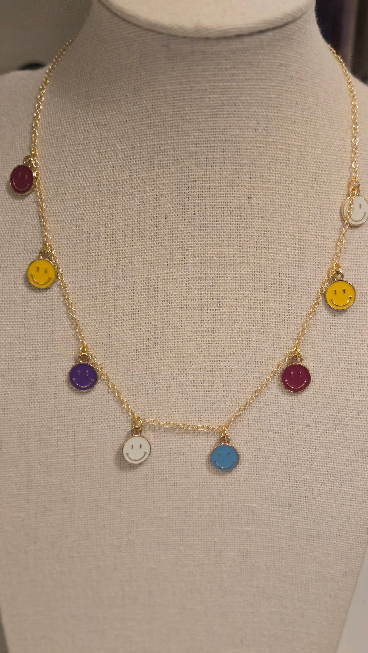 Happy Aura Necklace, gold-tone chain with multicolor enamel smiley-face charms, view 5