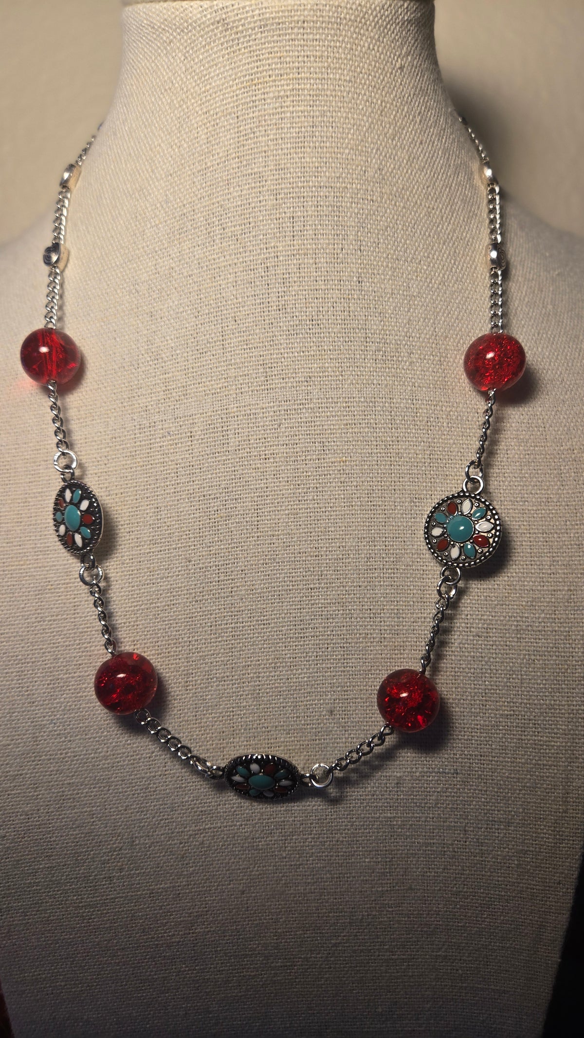 Turquoise & Red Ruby Classic Necklace with red beads and turquoise accents on a silver chain