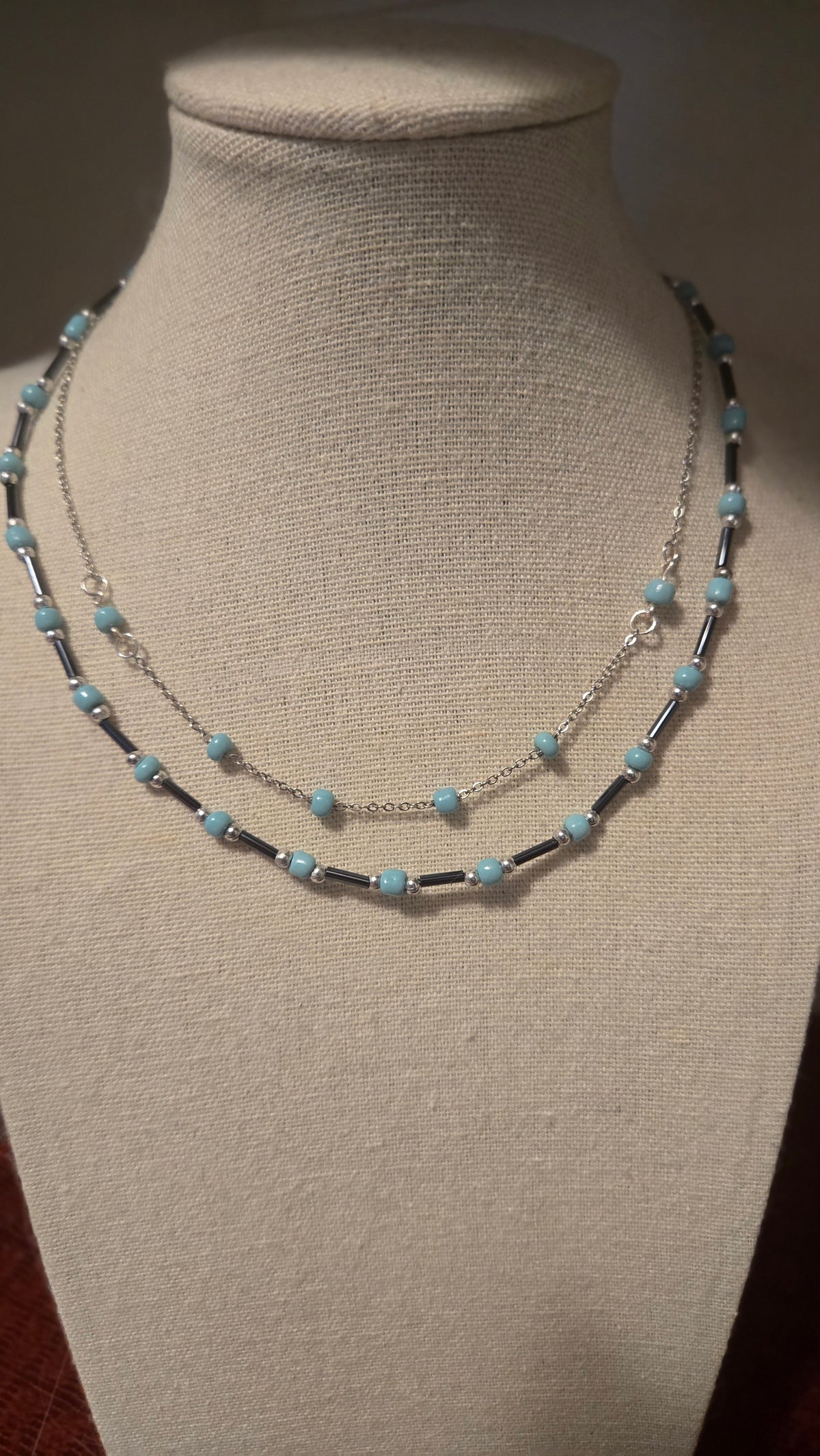 Calm Turquoise Necklace with turquoise beads on a stainless steel chain, view 3