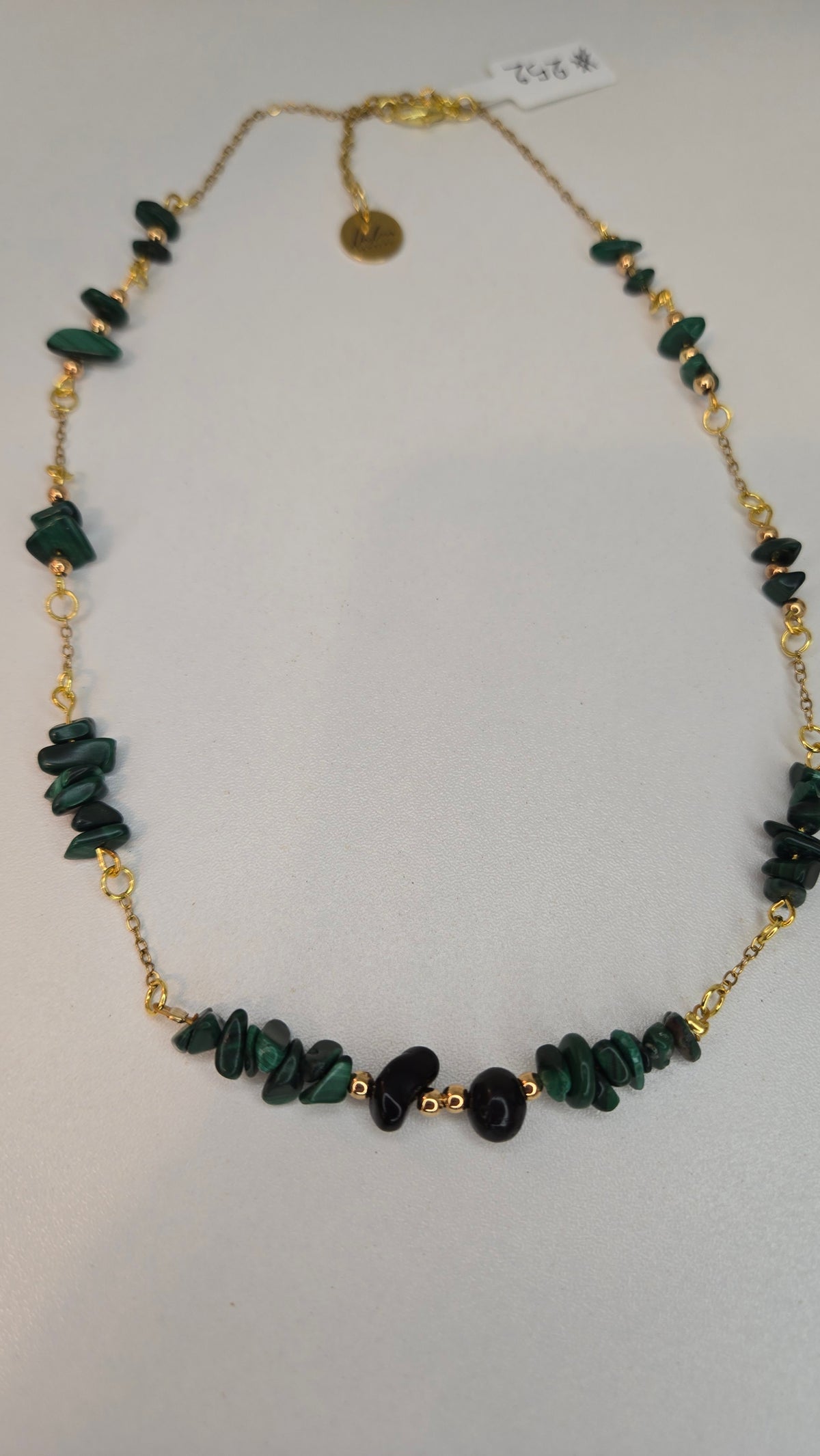 Green Harmony Necklace with dark green chip stones and black oval beads on gold-tone chain, view 5
