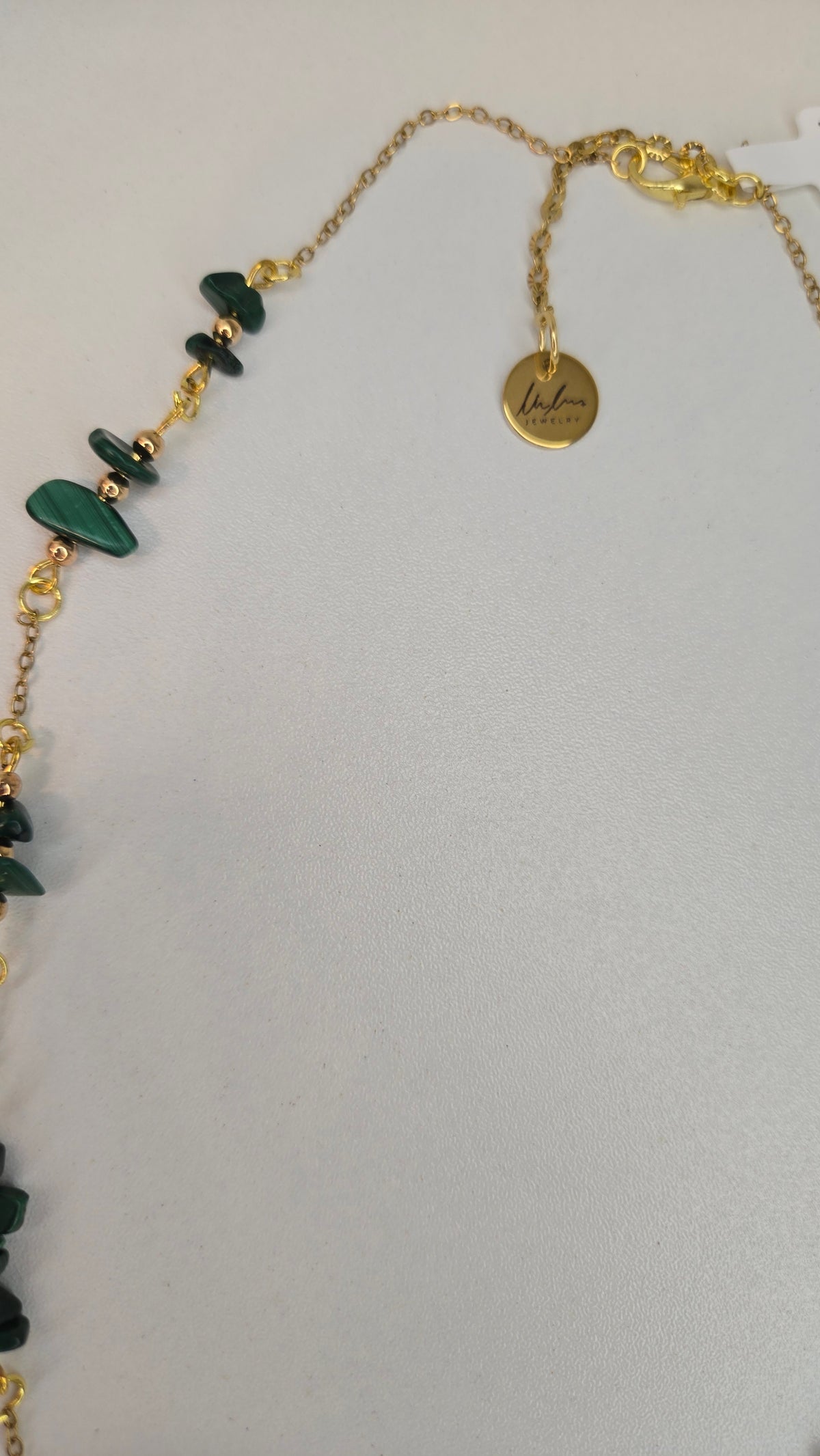 Green Harmony Necklace with dark green chip stones and black oval beads on gold-tone chain, view 7