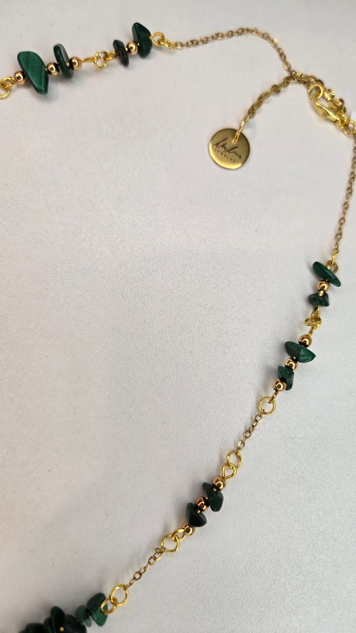 Green Harmony Necklace with dark green chip stones and black oval beads on gold-tone chain, view 8