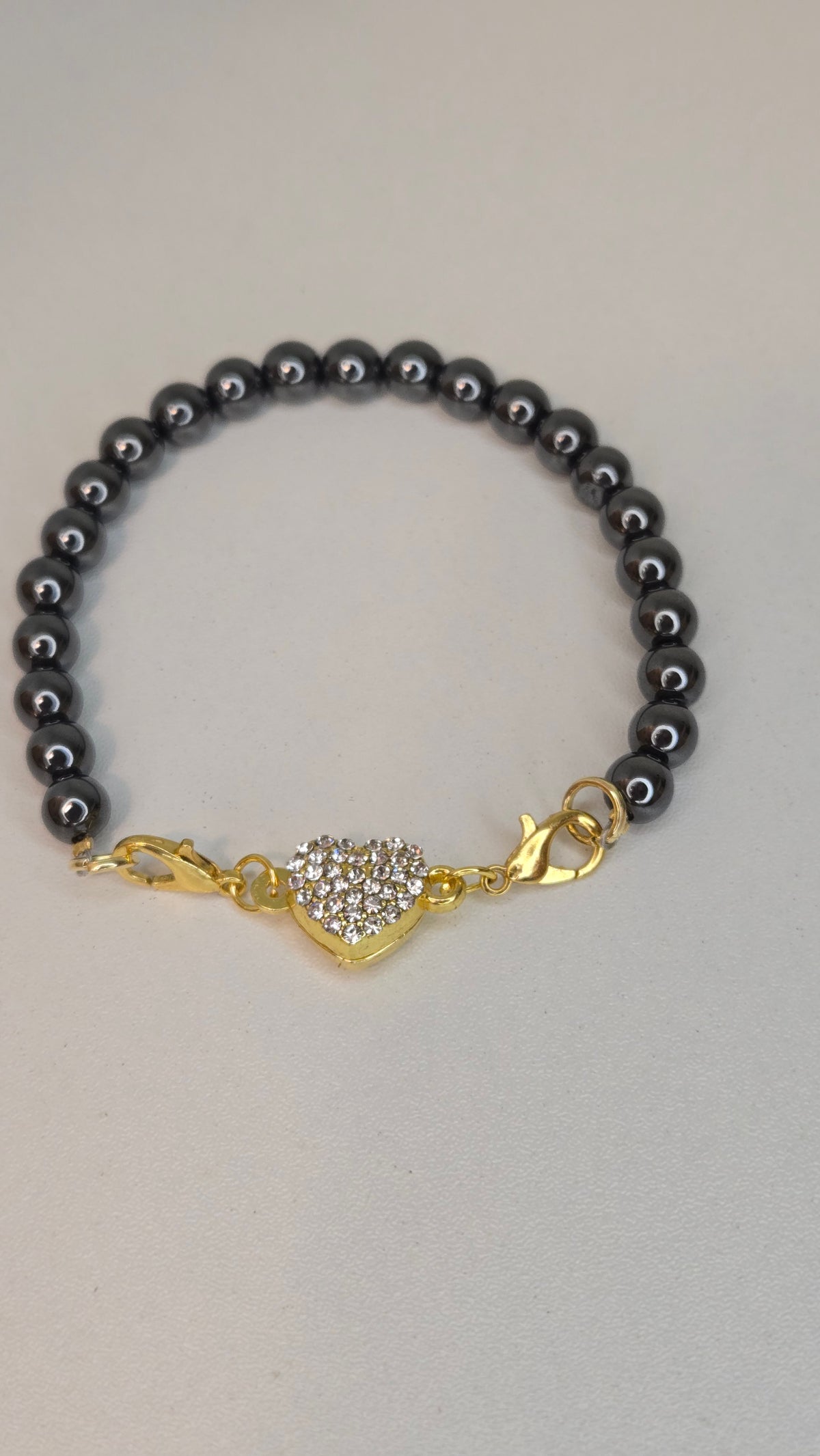 Hematite Heart Bracelet with polished heart-shaped hematite beads, view 3