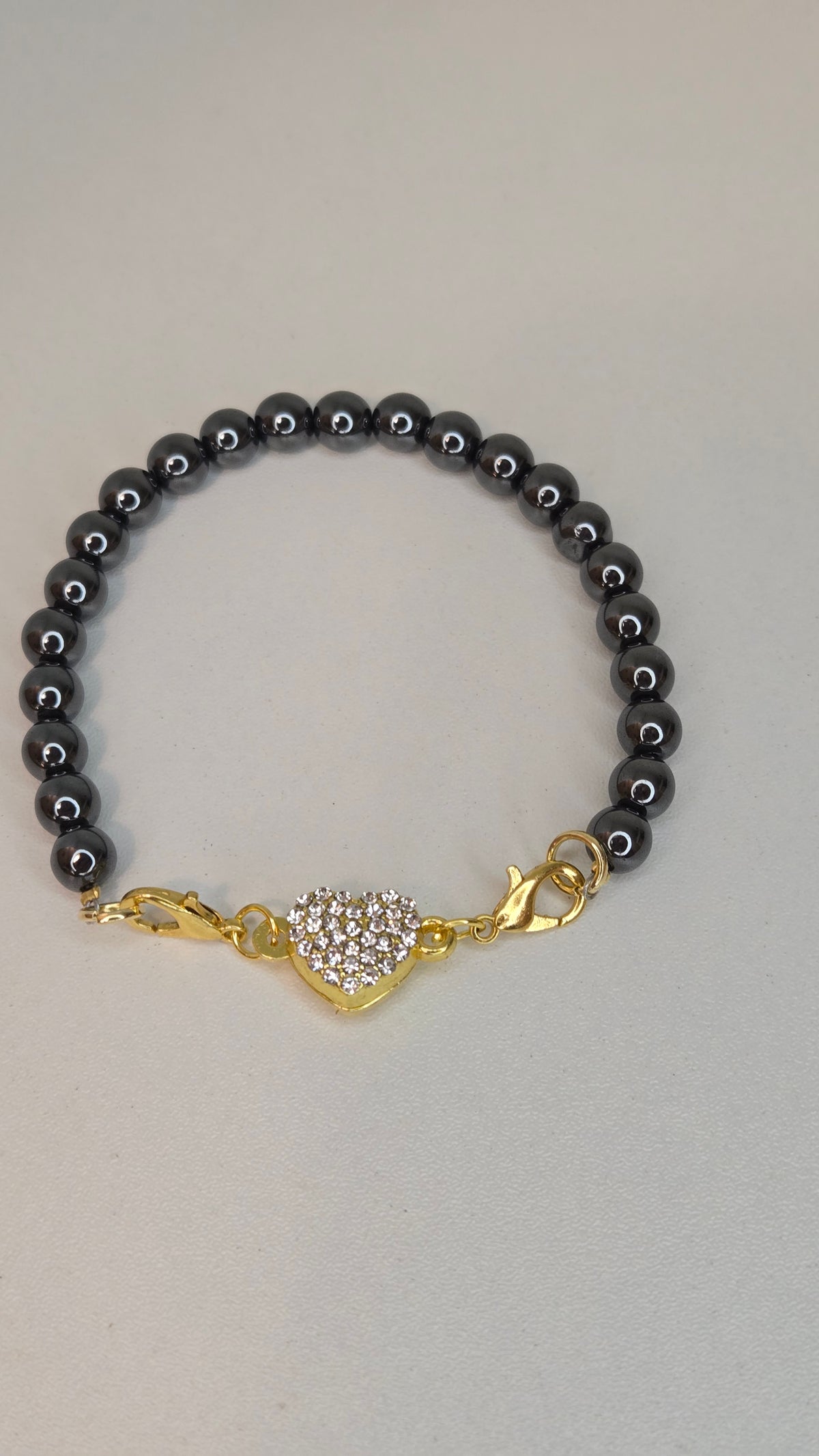 Hematite Heart Bracelet with polished heart-shaped hematite beads, view 4