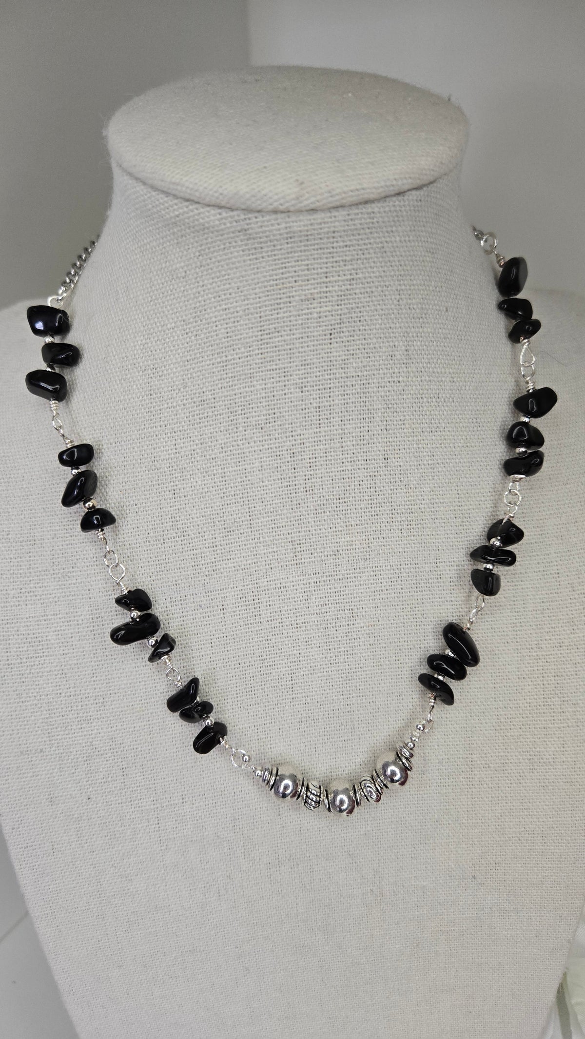 Silver Shadow Necklace with dark beads and soft metallic accents, view 2