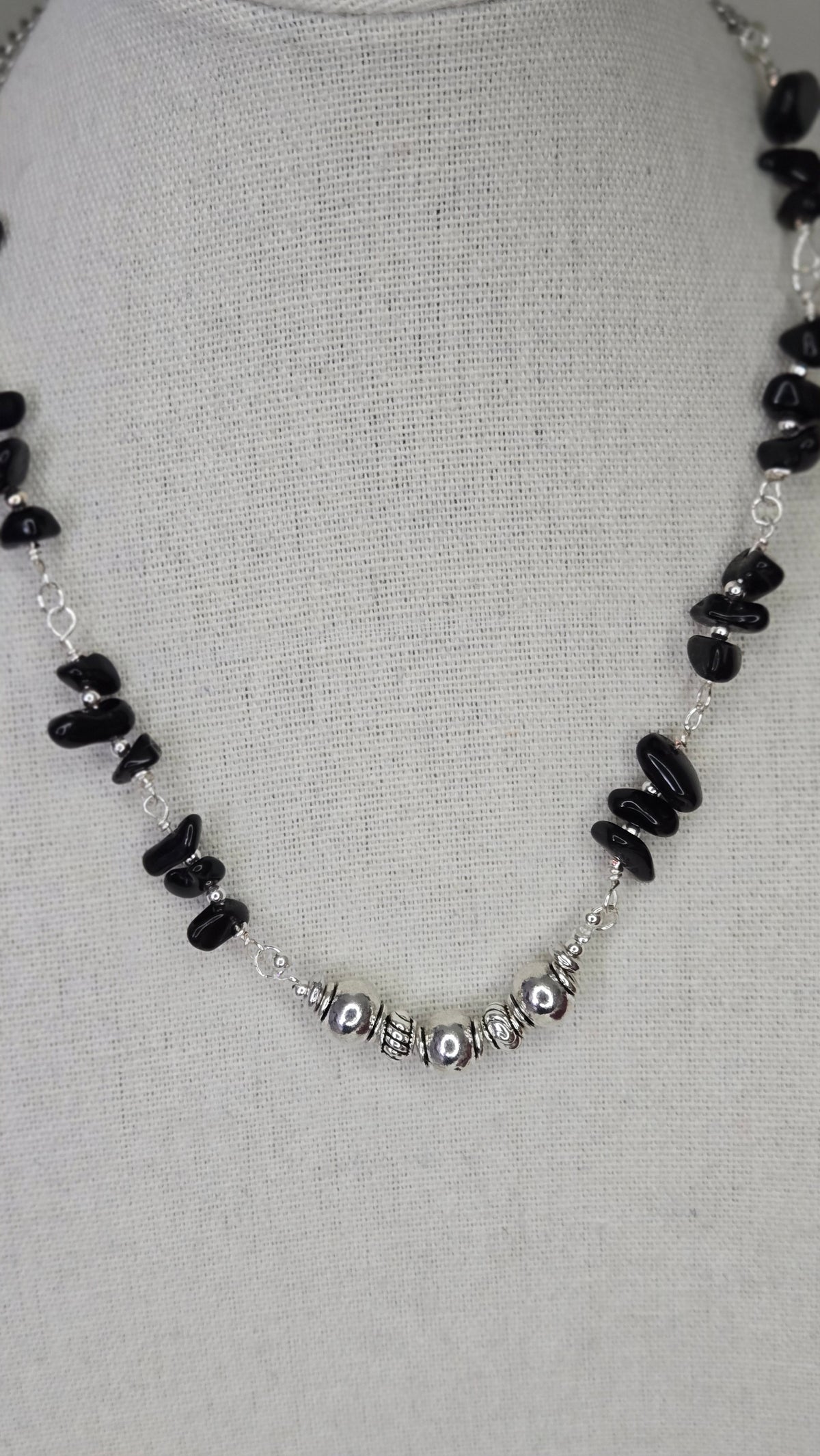 Silver Shadow Necklace with dark beads and soft metallic accents, view 3