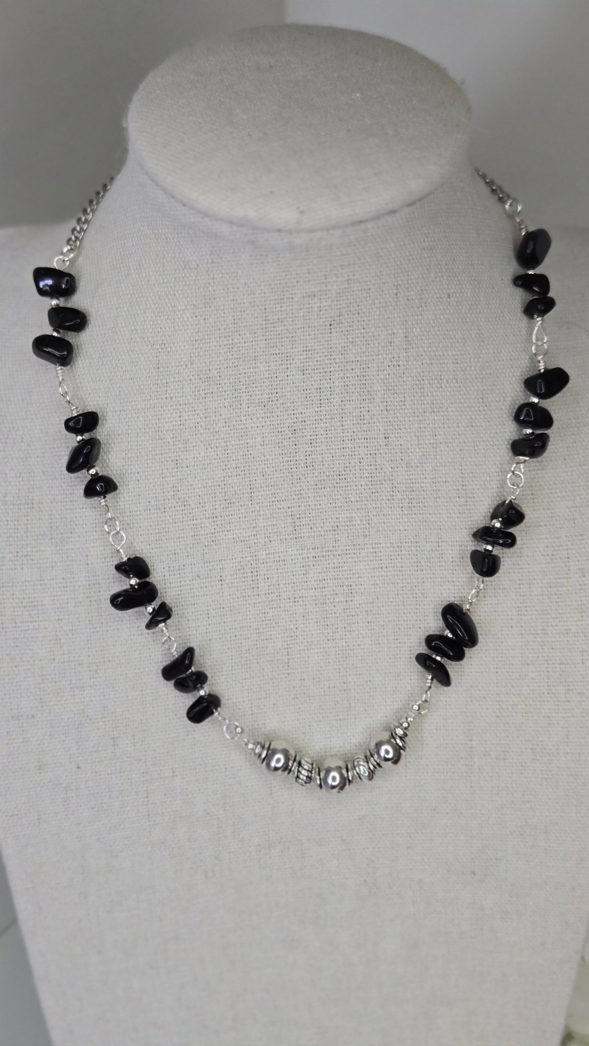 Silver Shadow Necklace with dark beads and soft metallic accents, view 4