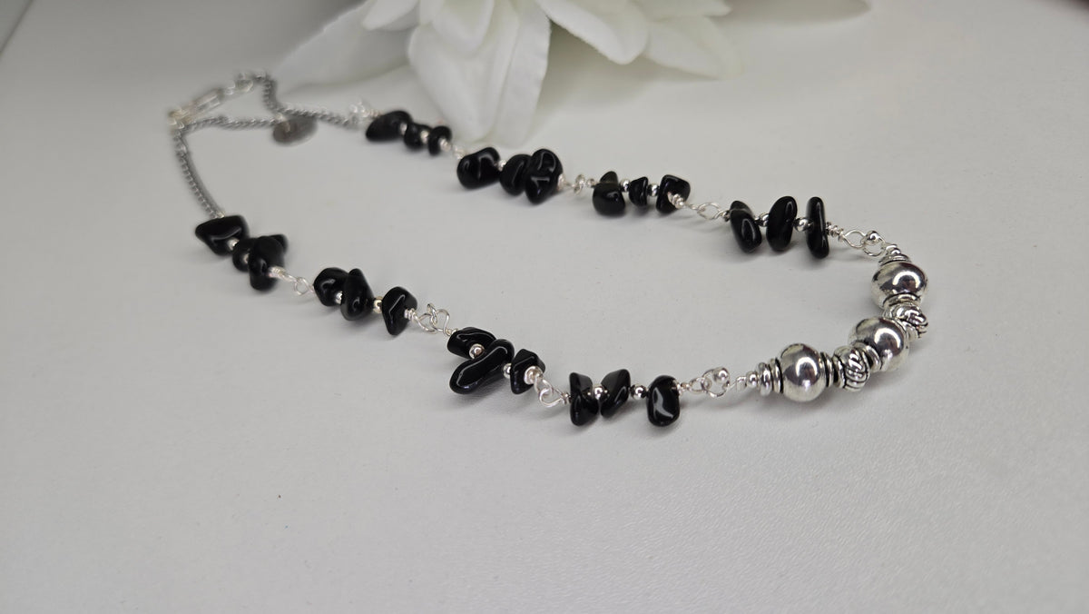 Silver Shadow Necklace with dark beads and soft metallic accents, view 10