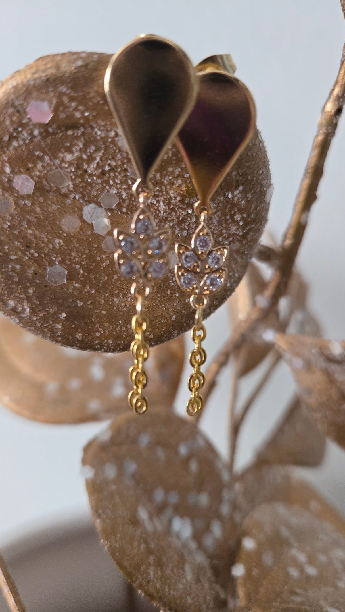 Golden Leaf Drop Earrings in gold-tone stainless steel with sparkling leaves and chains, view 2