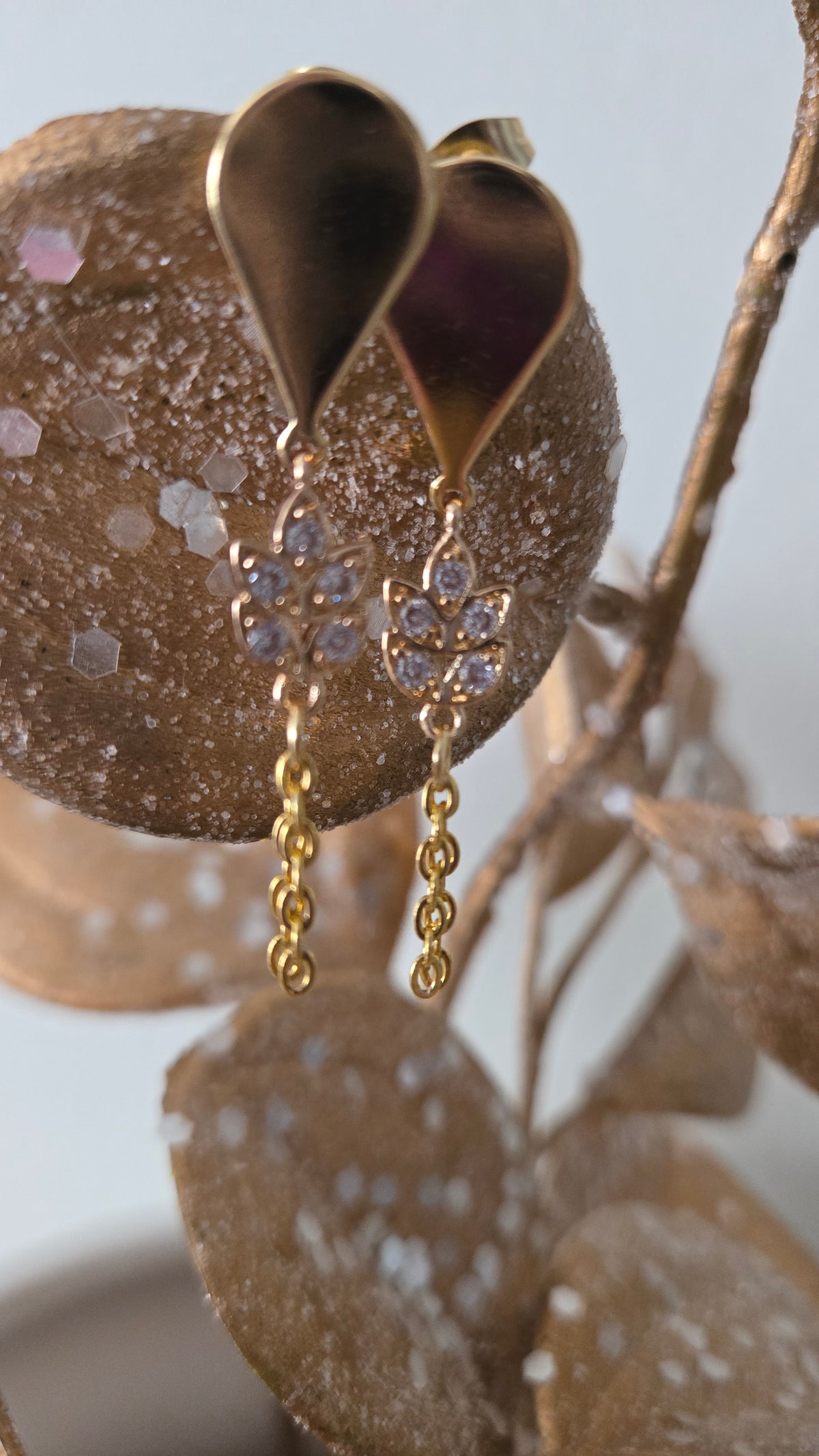 Golden Leaf Drop Earrings in gold-tone stainless steel with sparkling leaves and chains, view 3
