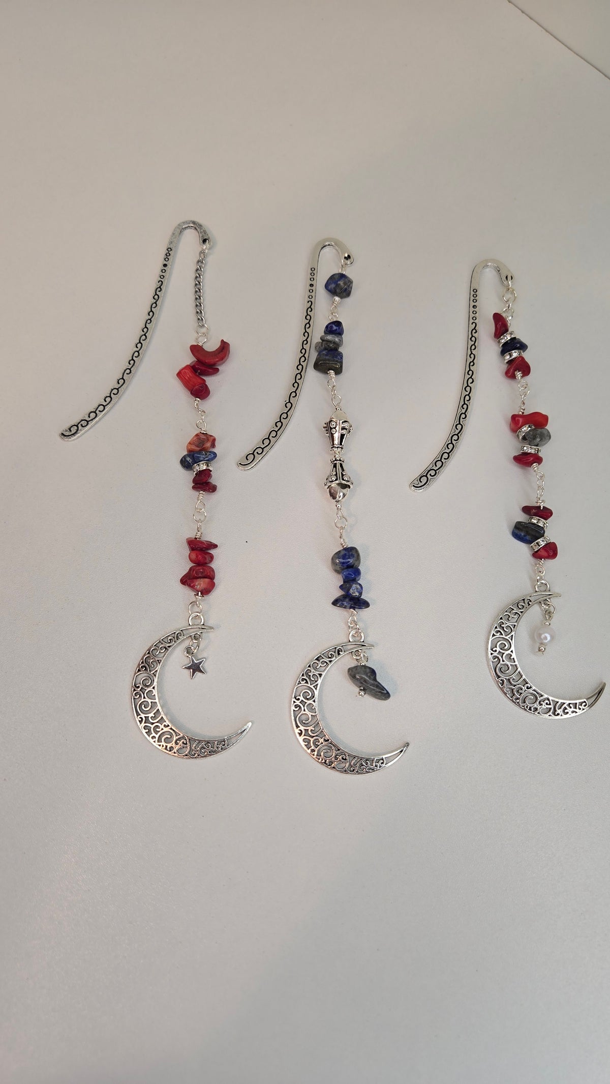 Lapis & Coral Moon Crescent Earrings with silver-tone crescents and colorful beads