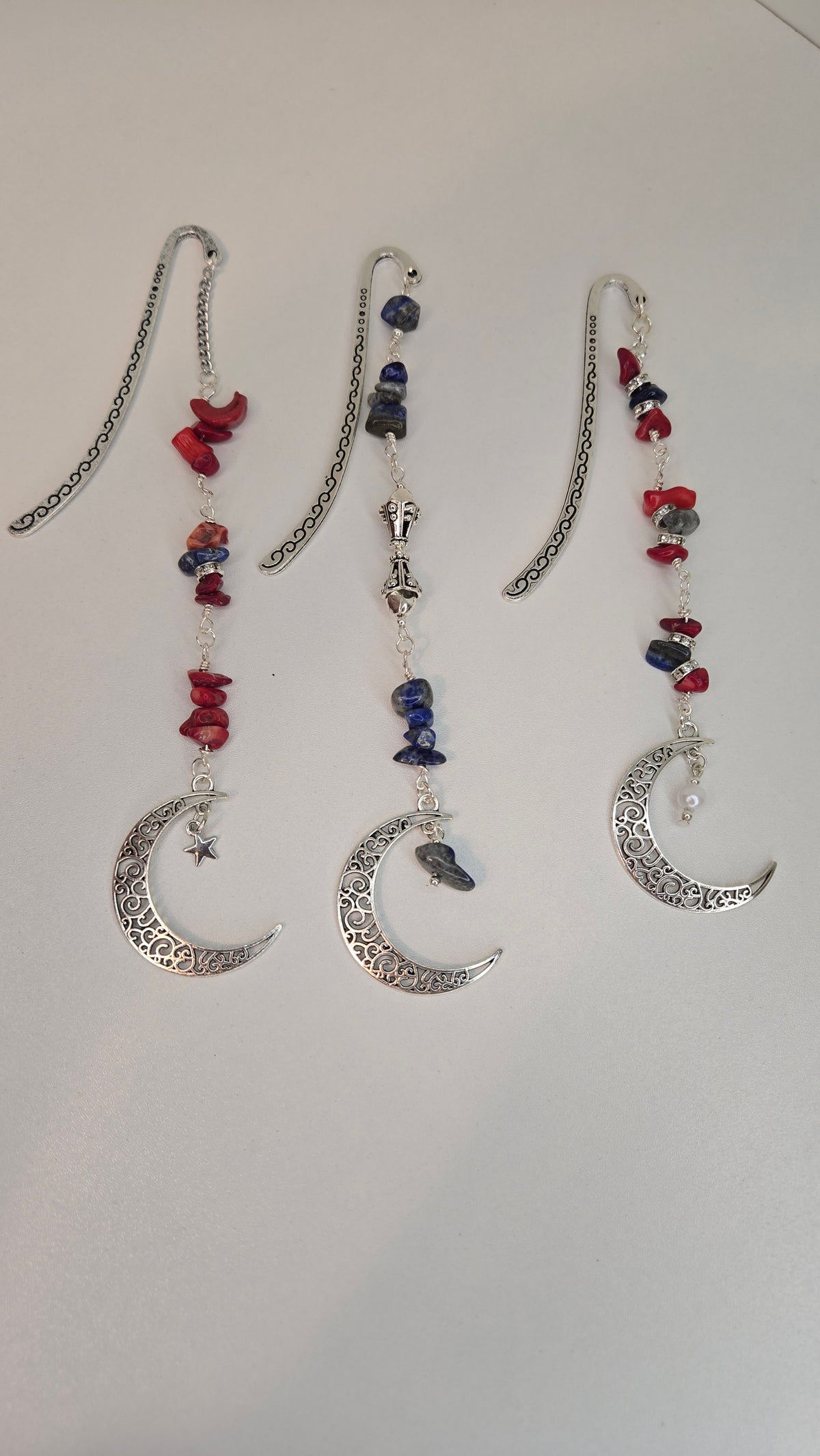Lapis & Coral Moon Crescent Earrings with silver-tone crescents and colorful beads, view 2