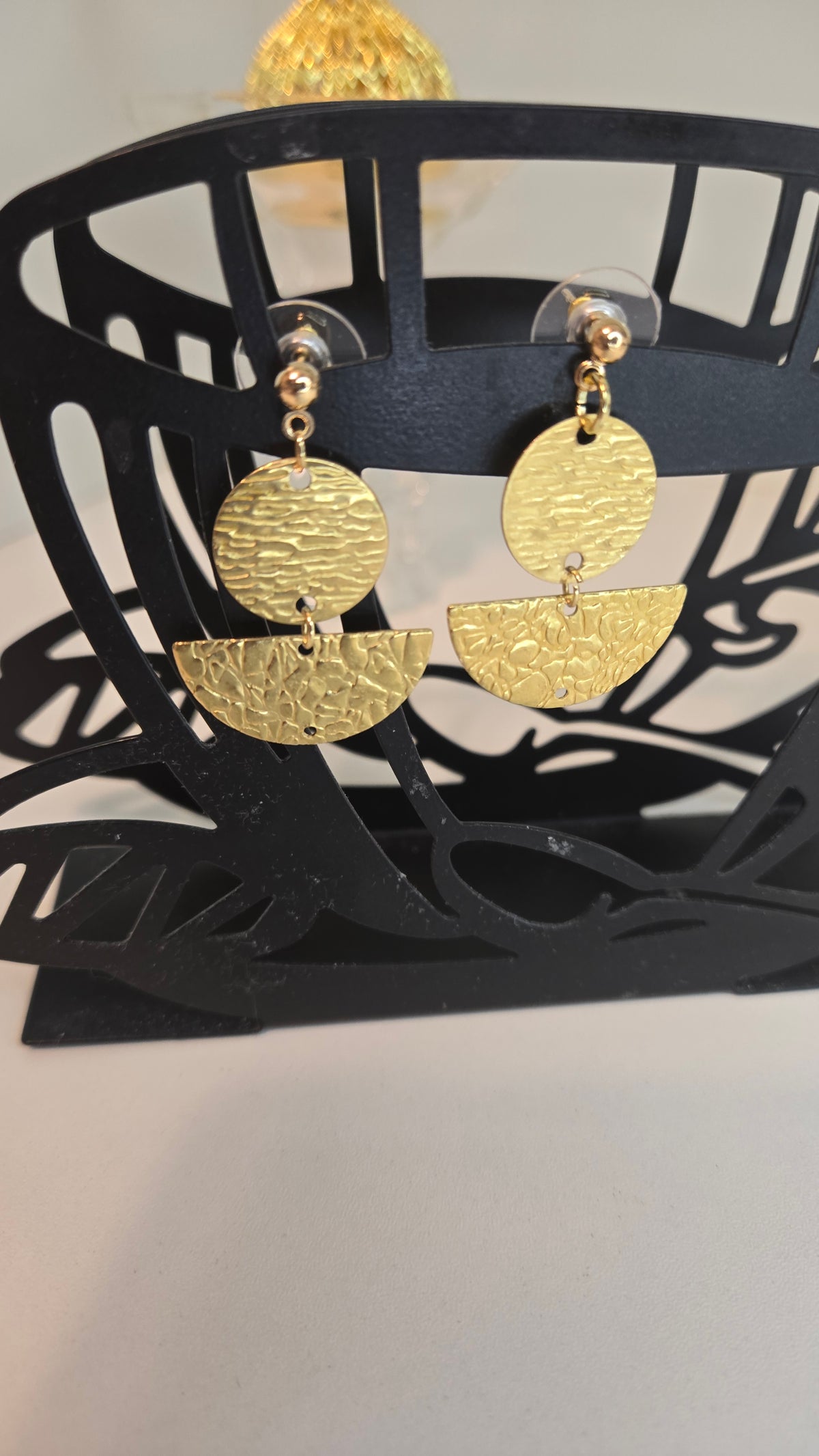 Golden Whispers Engraved Drop Earrings with engraved gold-tone discs