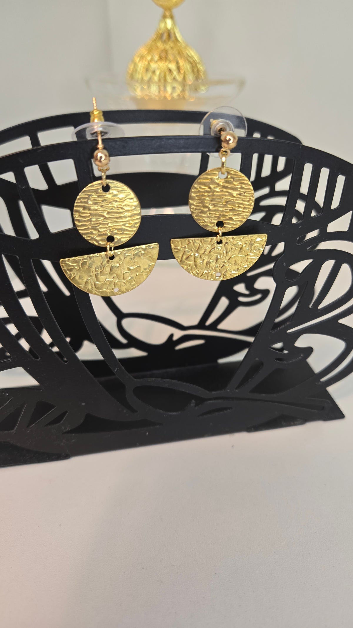 Golden Whispers Engraved Drop Earrings with engraved gold-tone discs, view 4