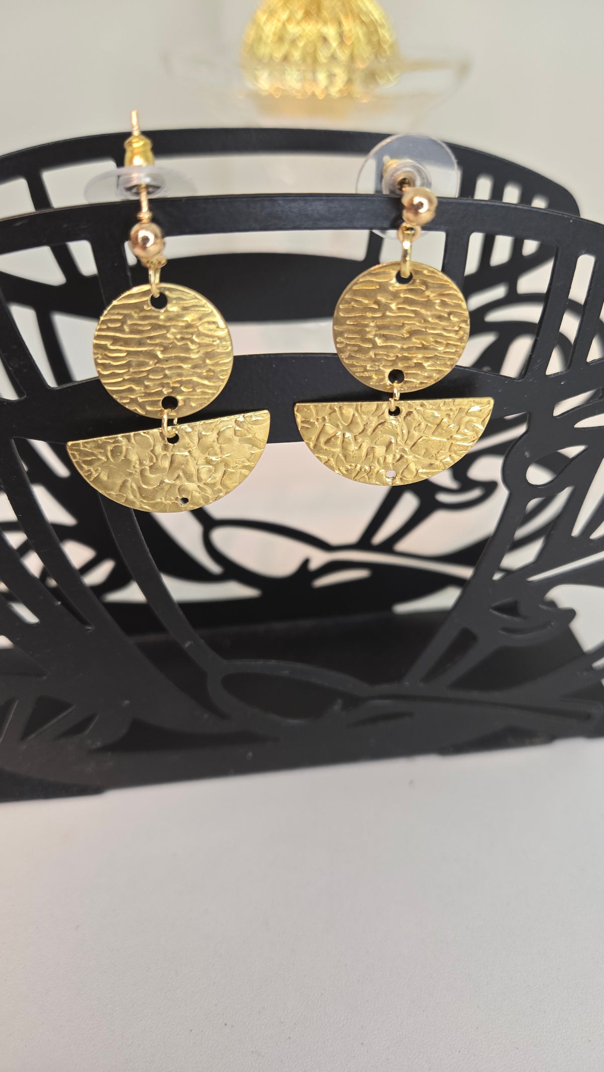 Golden Whispers Engraved Drop Earrings with engraved gold-tone discs, view 5
